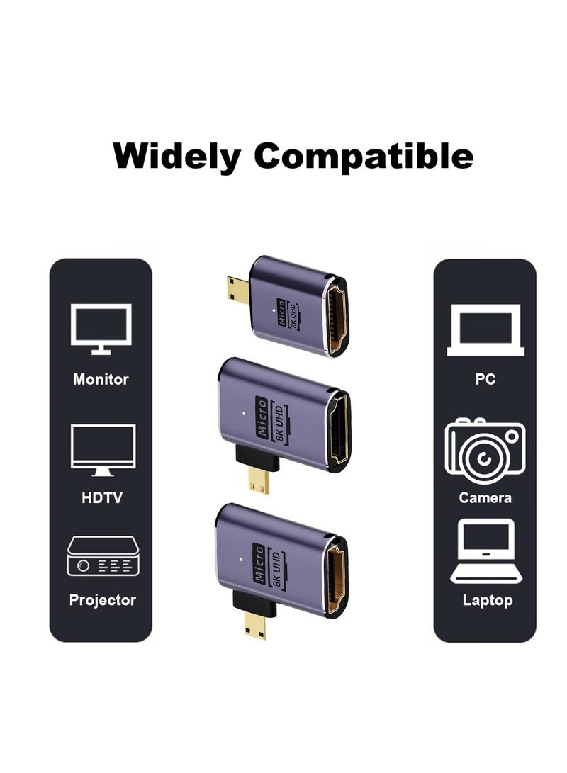 Micro HDMI to HDMI Adapter, 3 Pcs 8K 90 Degree Left and Right Angle, Micro HDMI Male to HDMI Female Cable, for Sony A6000, Raspberry Pi 4, GoPro Hero 7 and Other Sport Camera