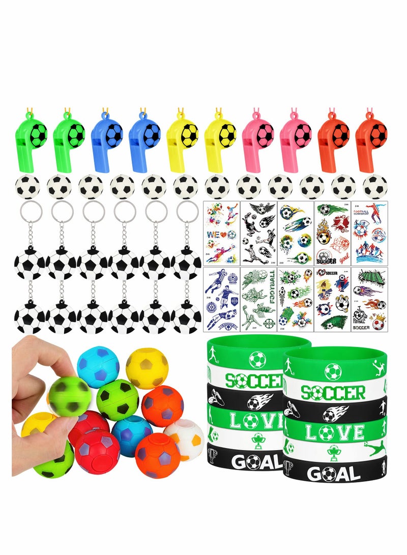 Soccer Party Favors Set 80 PCS Soccer Toys Whistle Fidget Spinner Silicone Bracelet Tattoo Stickers Eraser Keychains for Soccer Theme Birthday Party Goodie Bags Fillers Sports Party Supplies