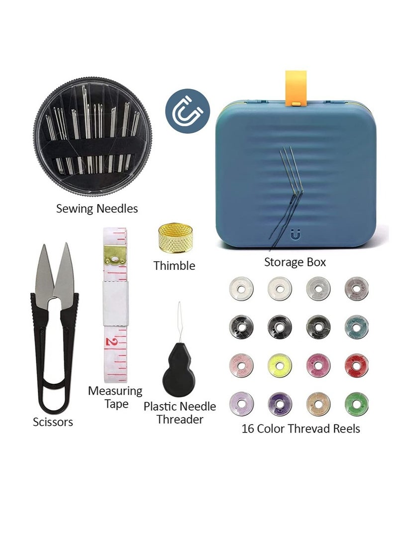 Sewing Kit, Travel Portable Sewing Supplies, for Home, Travel & Emergency, Filled with Mending and Sewing Needles, Magnetite, Scissors, Thimble, Thread, Tape Measure etc 21pcs Blue