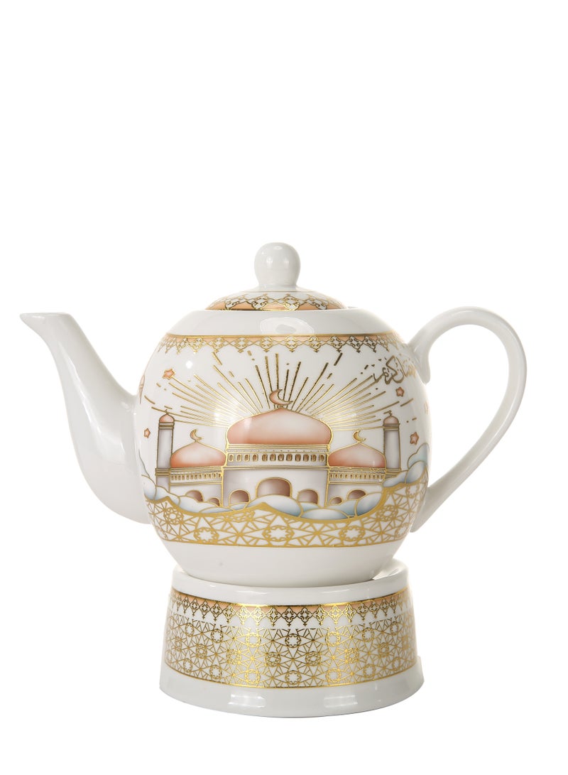 Liying Ramdan Gold coarted Design Ceramic Teapot (1000ML) with candle warmer, Ramadan Decorations for Table for Tea, Coffee, Milk