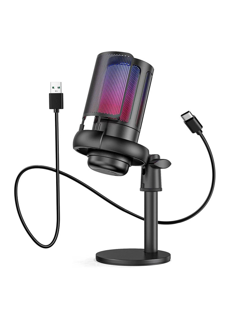 USB Microphone for PC, Gaming Mic for PS4/ PS5/ Mac/Phone, Condenser Mic with Quick Mute, RGB Lighting, Pop Filter, Shock Mount, Gain Control, for Gaming, Streaming, Podcasting, Recording, YouTube