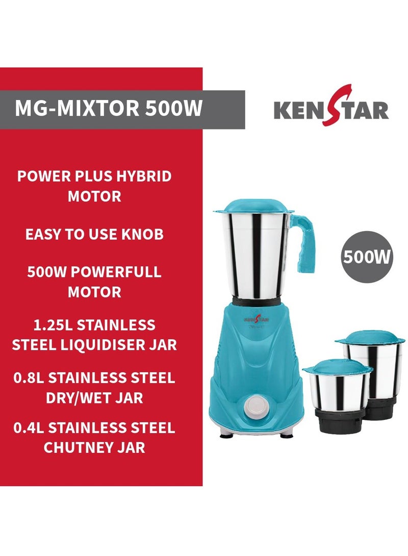 Mixer Grinder with Powerplus Hybrid Motor and 3 Multi Function Stainless Steel Jars 500W-MIXTOR 500