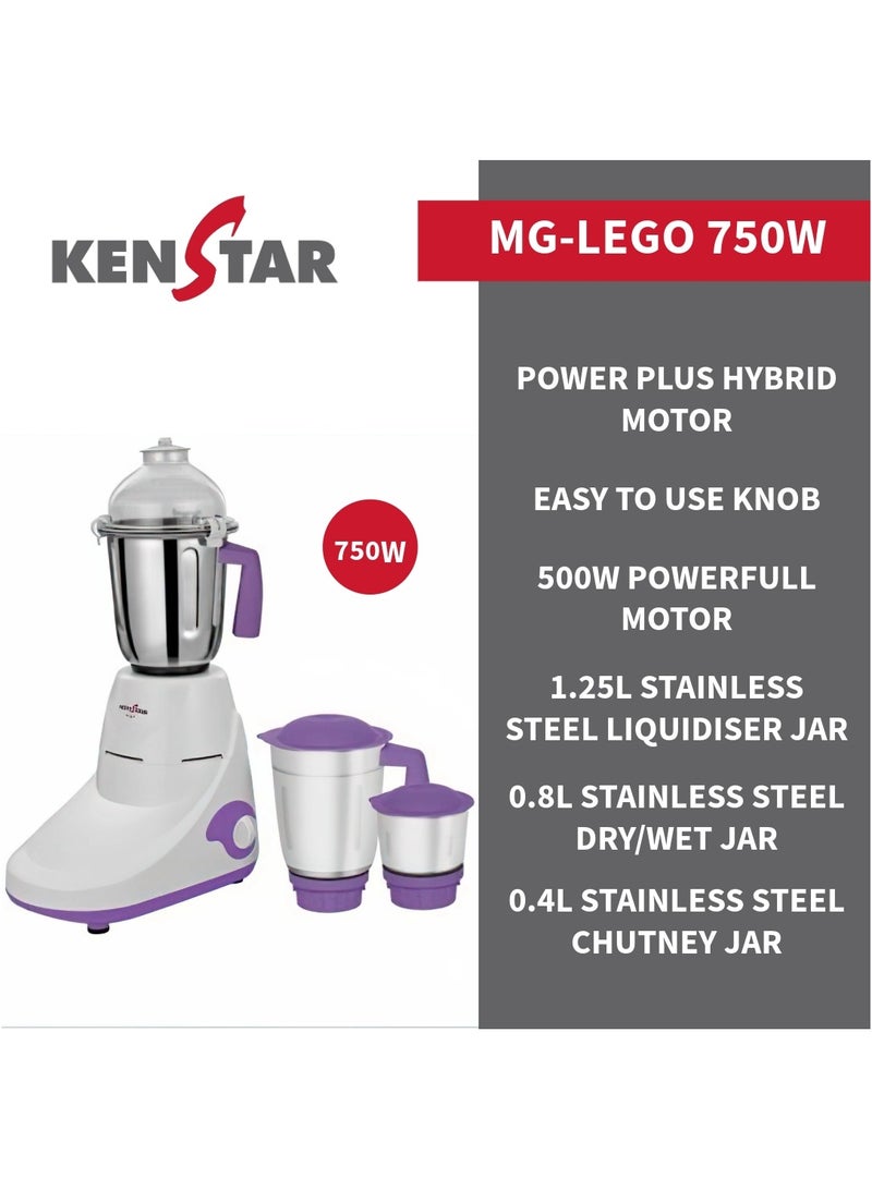 Mixer Grinder with Powerplus Hybrid Motor and 3 Multi Function Stainless Steel Jars 750W-LEGO 750