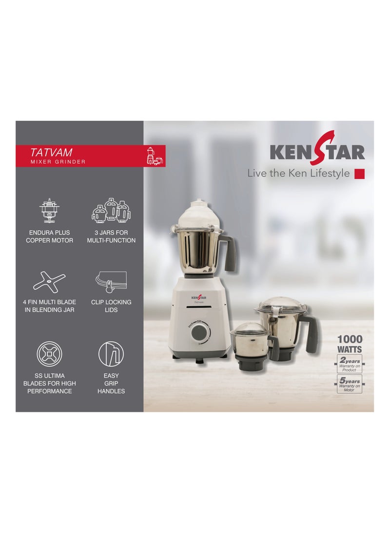 Mixer Grinder with Powerplus Hybrid Motor and 3 Multi Function Stainless Steel Jars 1000W-TATVAM 1000