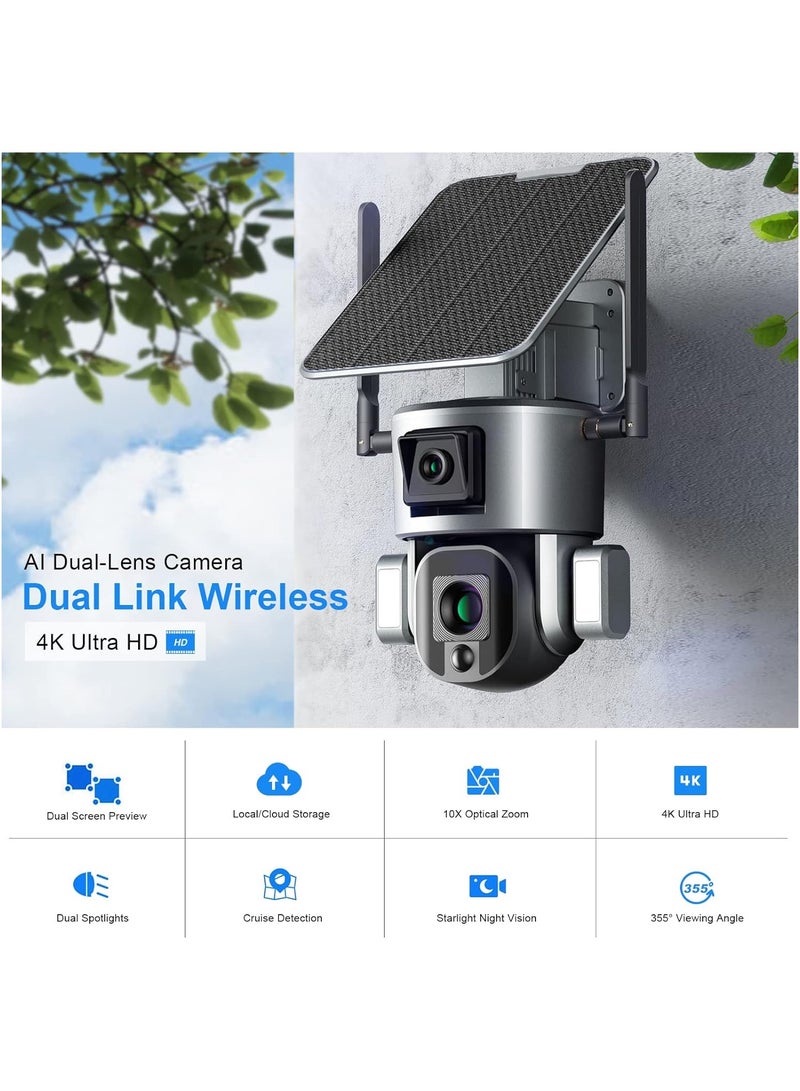 4K Solar Security Cameras Wireless Outdoor with Wireless 2.4G Wi-Fi 360° View, Solar Security Camera with AI Motion Detection, Infrared Night Vision,10x Optical Zoom, PTZ Control, 2-Way Talk, IP66