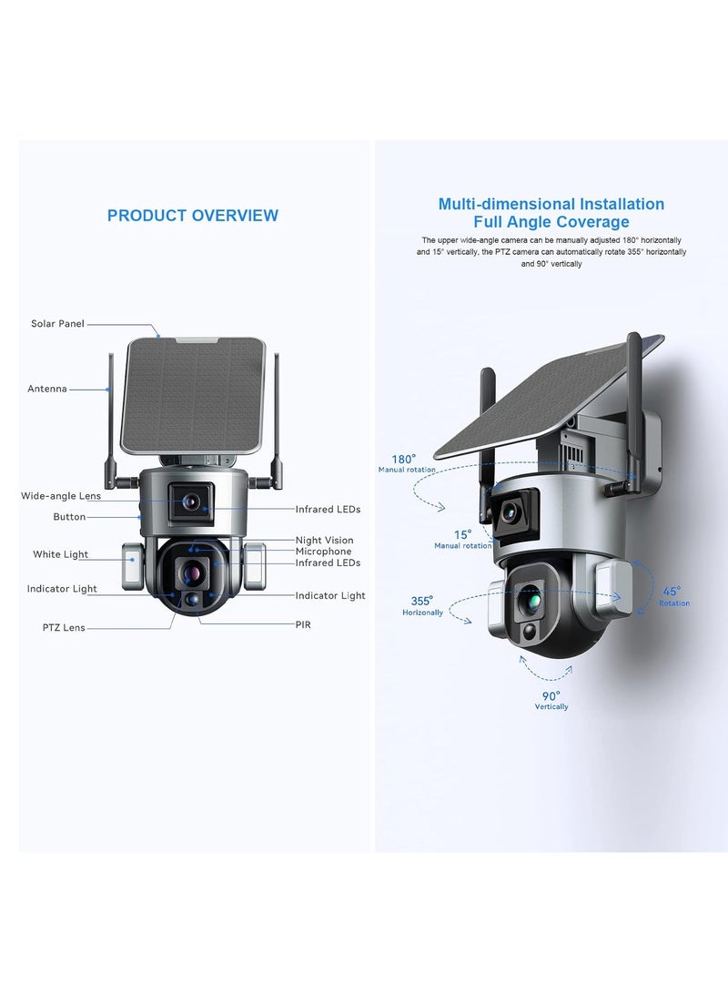 4K Solar Security Cameras Wireless Outdoor with Wireless 2.4G Wi-Fi 360° View, Solar Security Camera with AI Motion Detection, Infrared Night Vision,10x Optical Zoom, PTZ Control, 2-Way Talk, IP66