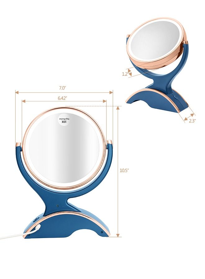 Magnifying Makeup Mirror with Light-1x/10x Rechargeable Lighted Mirror with Magnification  Double Sided 360 Degree Vanity Mirror,Dual Power.(Blue)