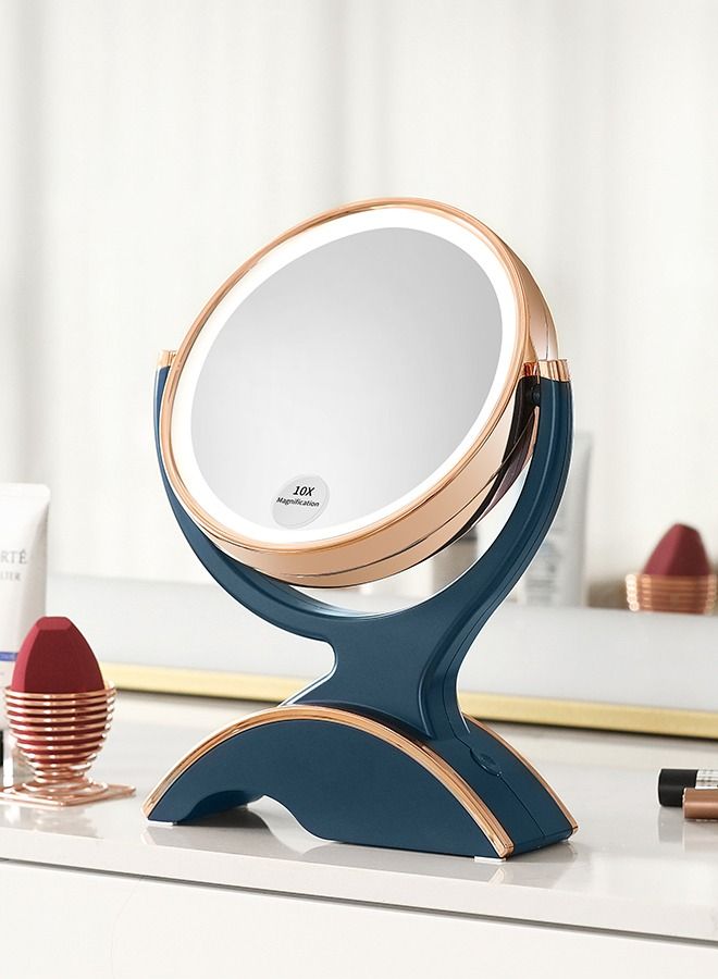 Magnifying Makeup Mirror with Light-1x/10x Rechargeable Lighted Mirror with Magnification  Double Sided 360 Degree Vanity Mirror,Dual Power.(Blue)