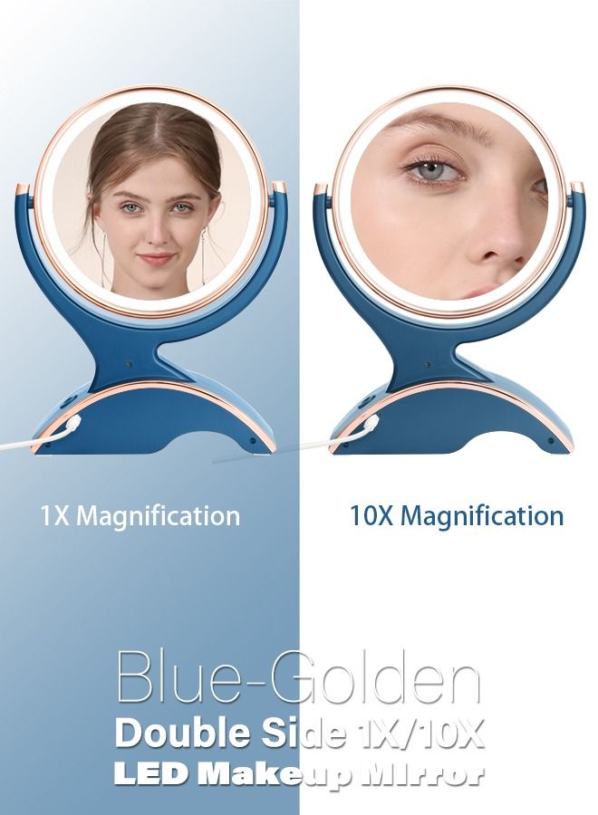 Magnifying Makeup Mirror with Light-1x/10x Rechargeable Lighted Mirror with Magnification  Double Sided 360 Degree Vanity Mirror,Dual Power.(Blue)