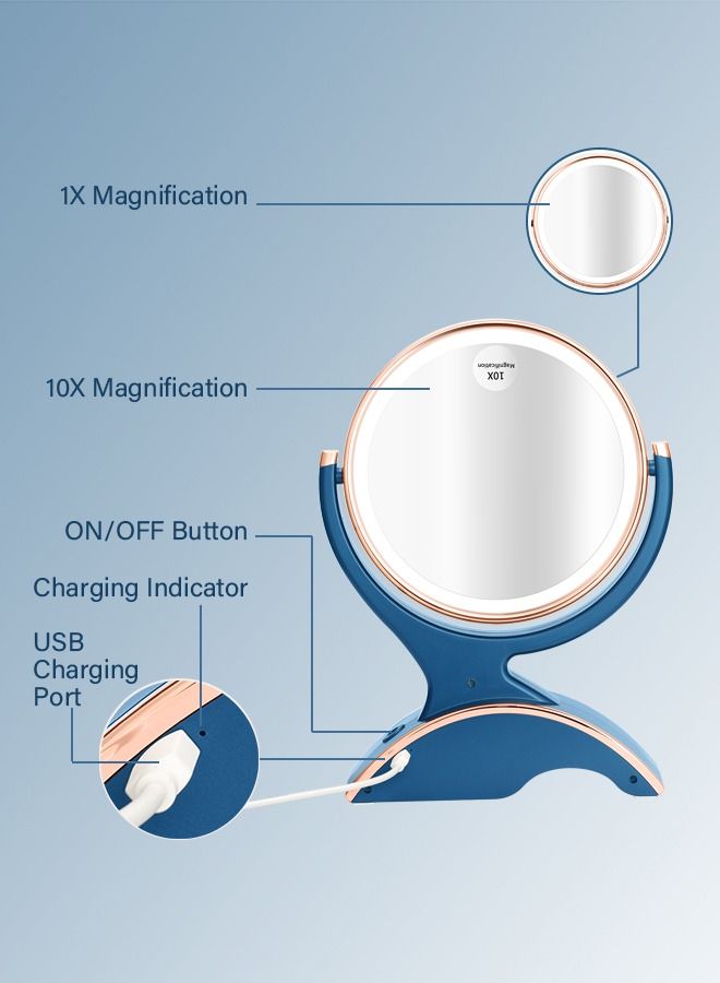 Magnifying Makeup Mirror with Light-1x/10x Rechargeable Lighted Mirror with Magnification  Double Sided 360 Degree Vanity Mirror,Dual Power.(Blue)