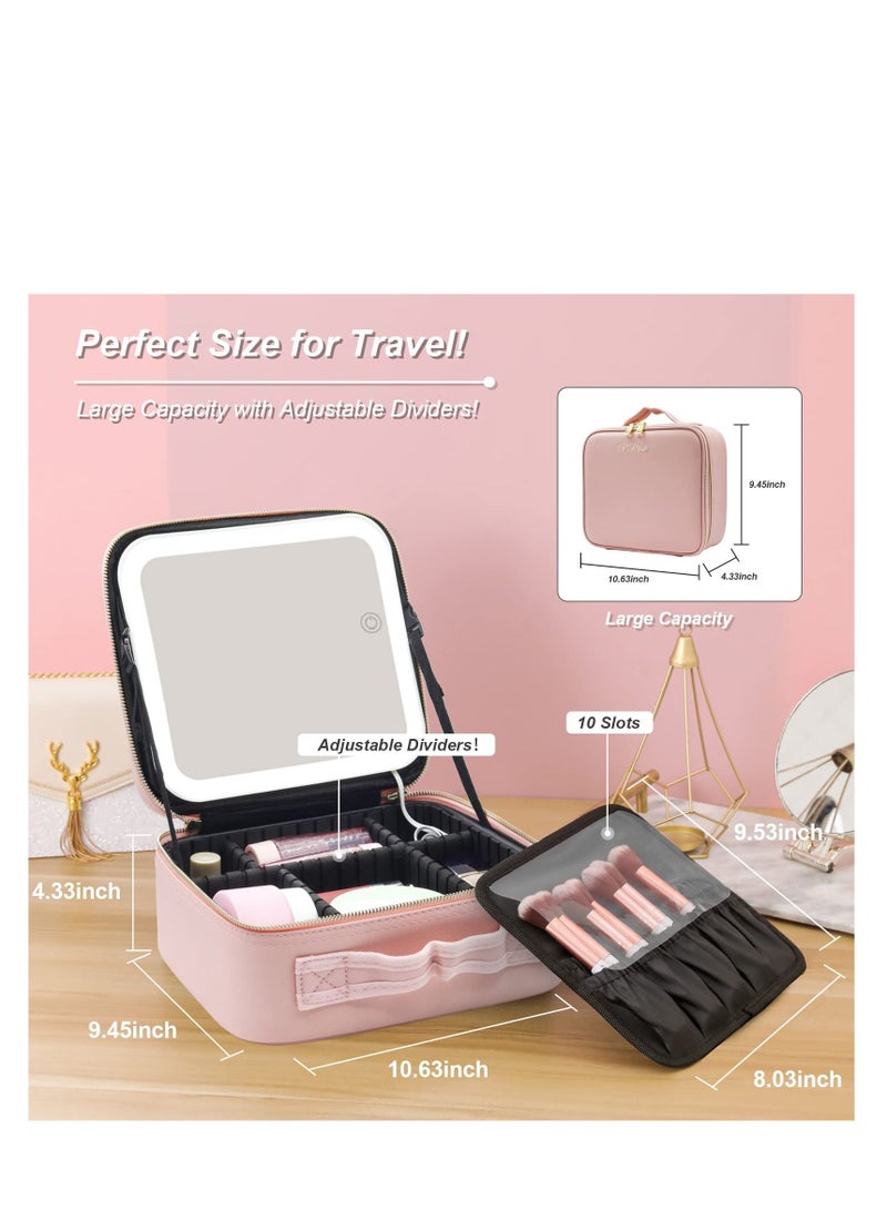 Makeup Bag with Mirror of LED Lighted, Travel Makeup Train Case Cosmetic Bag Organizer with Adjustable Dividers, Makeup Case with Mirror and Detachable 10x Magnifying Mirror, Pink