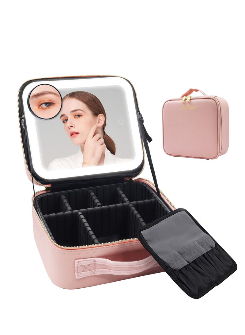 Makeup Bag with Mirror of LED Lighted, Travel Makeup Train Case Cosmetic Bag Organizer with Adjustable Dividers, Makeup Case with Mirror and Detachable 10x Magnifying Mirror, Pink
