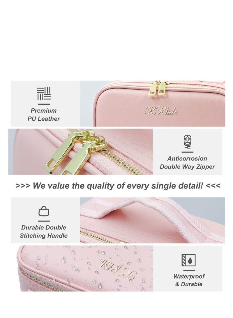Makeup Bag with Mirror of LED Lighted, Travel Makeup Train Case Cosmetic Bag Organizer with Adjustable Dividers, Makeup Case with Mirror and Detachable 10x Magnifying Mirror, Pink