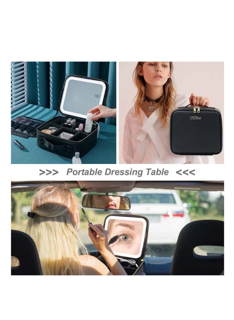Makeup Bag with Mirror of LED Lighted, Travel Makeup Train Case Cosmetic Bag Organizer with Adjustable Dividers, Makeup Case with Mirror and Detachable 10x Magnifying Mirror, Pink