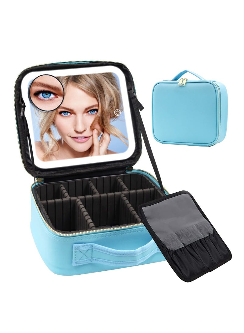 Makeup Bag with Mirror of LED Lighted, Travel Makeup Train Case Cosmetic Bag Organizer with Adjustable Dividers, Makeup Case with Mirror and Detachable 10x Magnifying Mirror, Blue