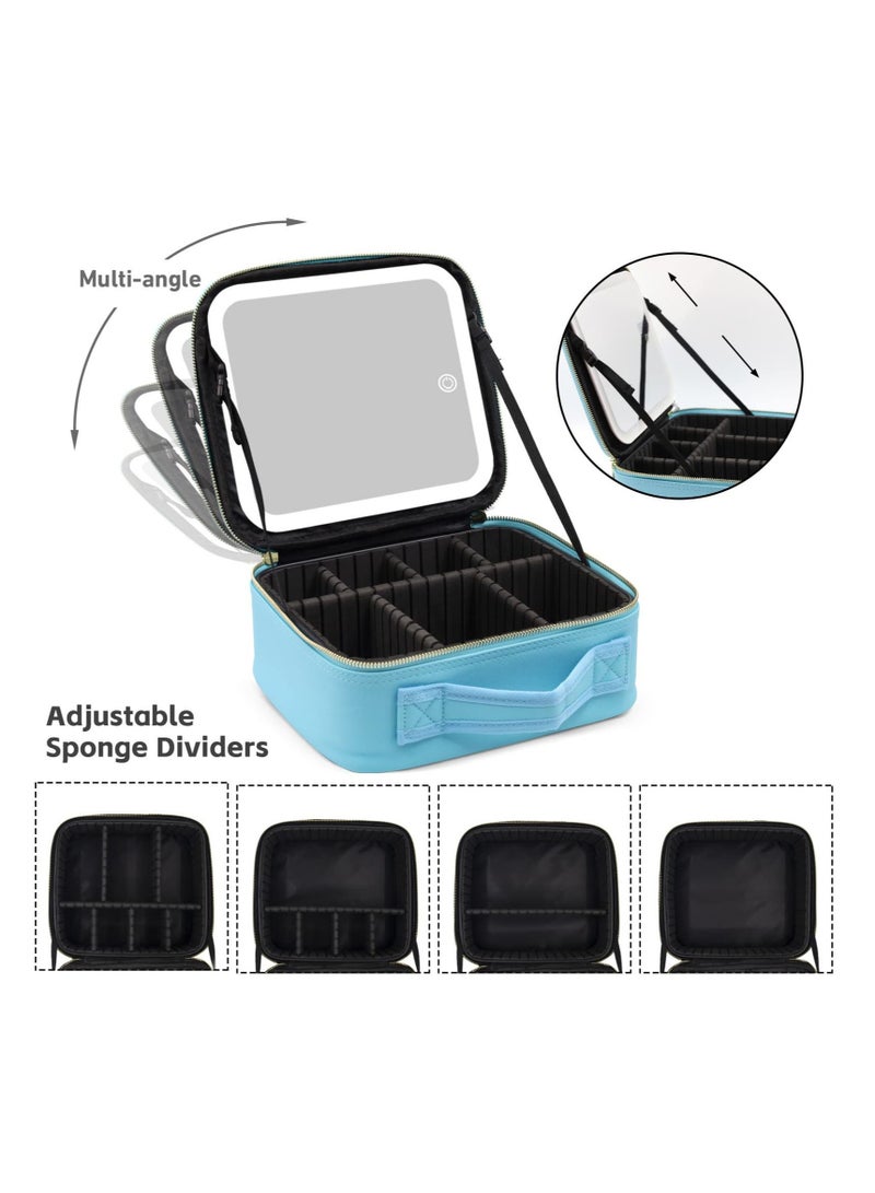 Makeup Bag with Mirror of LED Lighted, Travel Makeup Train Case Cosmetic Bag Organizer with Adjustable Dividers, Makeup Case with Mirror and Detachable 10x Magnifying Mirror, Blue