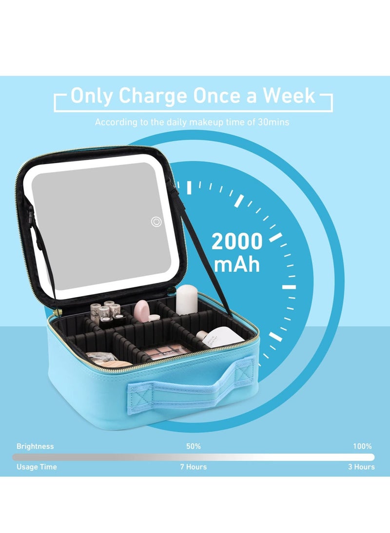 Makeup Bag with Mirror of LED Lighted, Travel Makeup Train Case Cosmetic Bag Organizer with Adjustable Dividers, Makeup Case with Mirror and Detachable 10x Magnifying Mirror, Blue