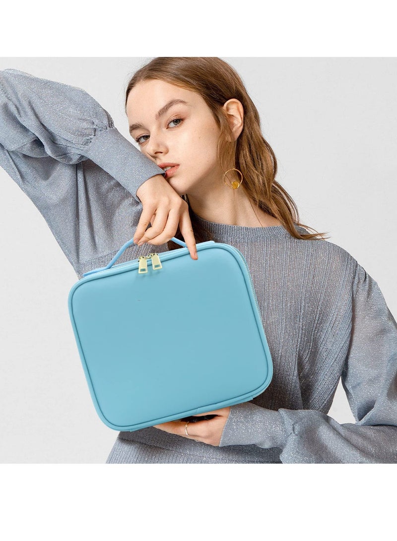 Makeup Bag with Mirror of LED Lighted, Travel Makeup Train Case Cosmetic Bag Organizer with Adjustable Dividers, Makeup Case with Mirror and Detachable 10x Magnifying Mirror, Blue