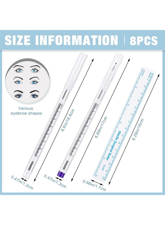 8 Pieces Microblading Marker Pen With Paper Ruler Skin Marker Eyebrow Permanent Makeup Position Mark Tools Markers Pen For Eyebrow Lips Skin (White And Purple,Singlehead)