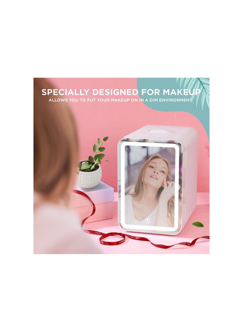 Mini Makeup Fridge with LED Light Mirror Portable Cosmetic Storage White