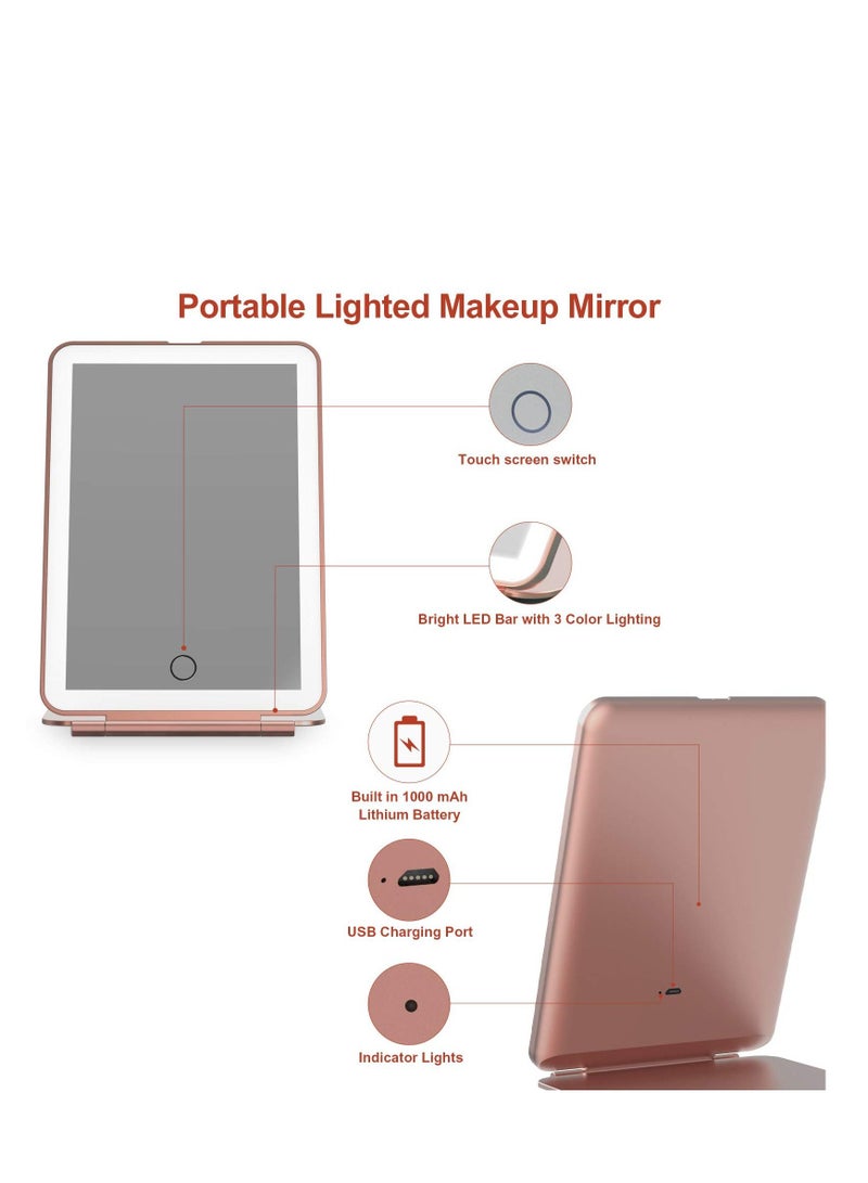 Rechargeable Cosmetic Mirror with Lighted Travel Portable Lighted Beauty Mirror, 3 Color Illumination, Dimmable Touch Screen, Desktop Tabletop LED Foldable Cosmetic Mirror with Lights