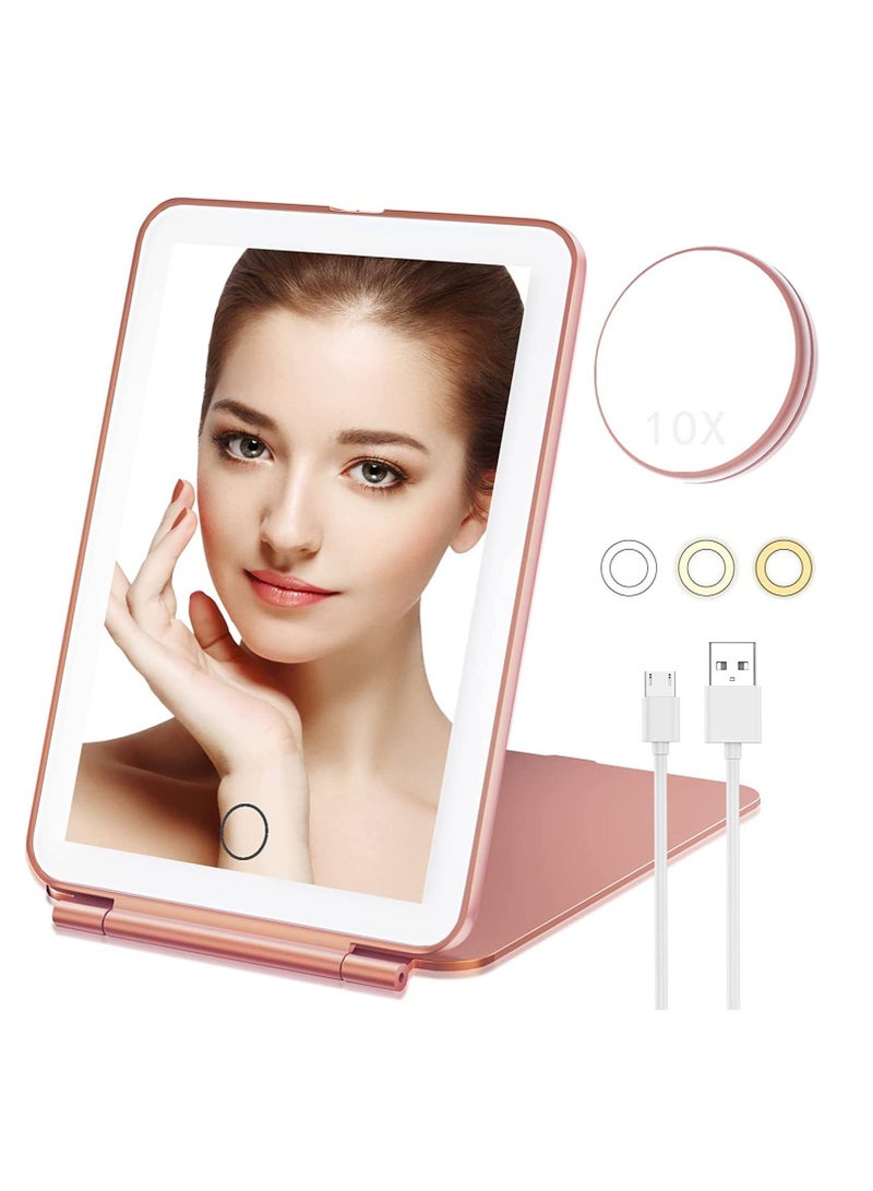 Rechargeable Cosmetic Mirror with Lighted Travel Portable Lighted Beauty Mirror, 3 Color Illumination, Dimmable Touch Screen, Desktop Tabletop LED Foldable Cosmetic Mirror with Lights