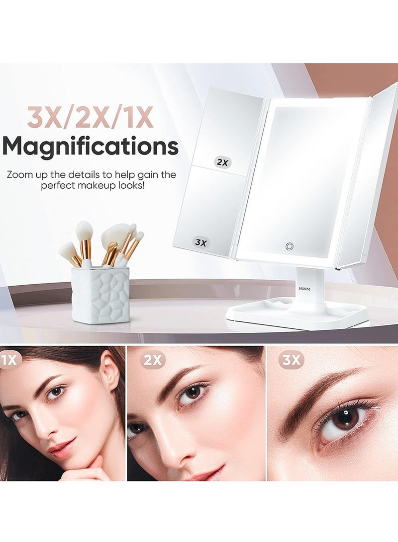 Makeup Mirror Vanity Mirror with Lights, 2X 3X 10X Magnification, Lighted Makeup Mirror, Touch Control, Trifold Makeup Mirror, Dual Power Supply, Portable Mirror for Travel, Women Gift, White