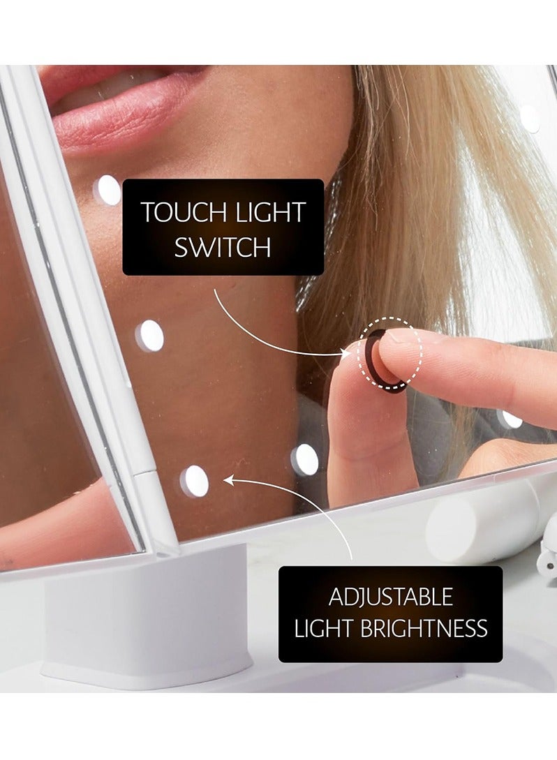 Makeup Mirror Vanity Mirror with Lights, 2X 3X 10X Magnification, Lighted Makeup Mirror, Touch Control, Trifold Makeup Mirror, Dual Power Supply, Portable Mirror for Travel, Women Gift, White