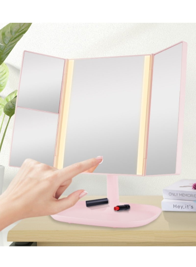 Makeup Mirror with LED Lights,Two Power Supply, Touch Screen Tri-Fold Tabletop Mount Vanity Mirror, 2X/3X/1X Magnification, Portable LED Makeup Mirror, Gift for Women, Pink