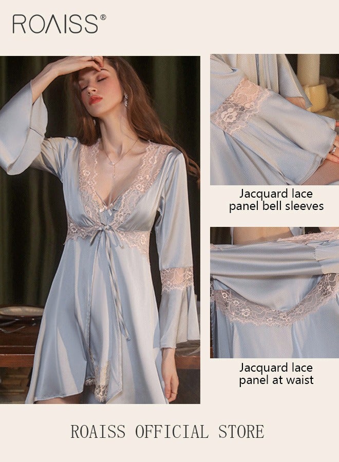 2-Piece Set of Women Pajamas with V-Neck Design Women Home Wear Set  Robe and Lace Element Nightgown