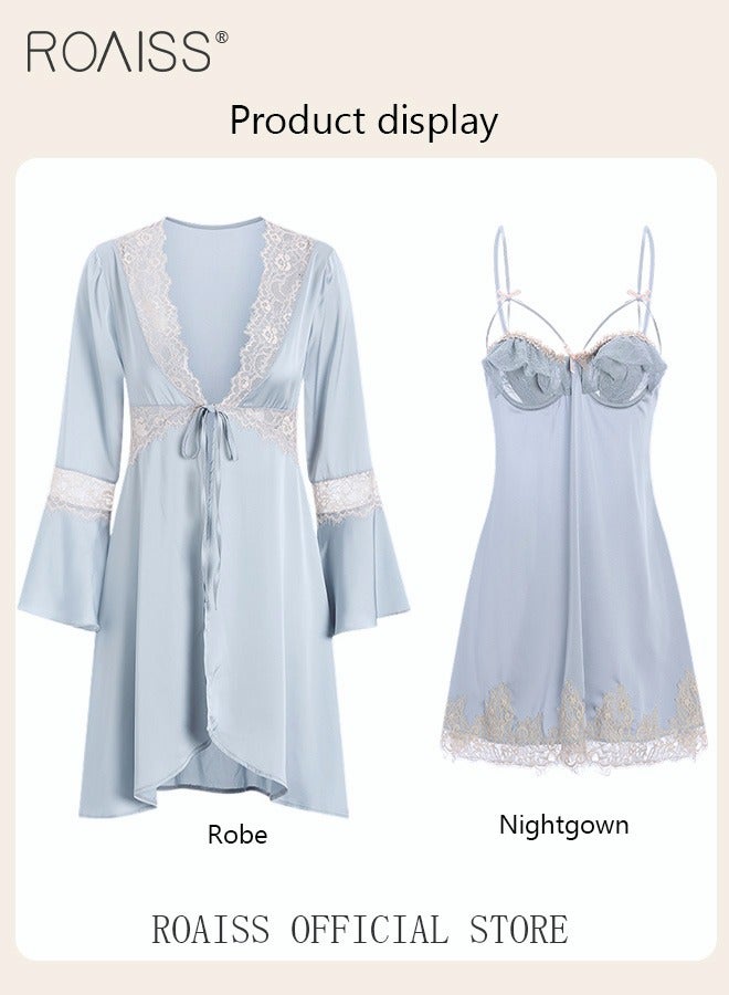 2-Piece Set of Women Pajamas with V-Neck Design Women Home Wear Set  Robe and Lace Element Nightgown