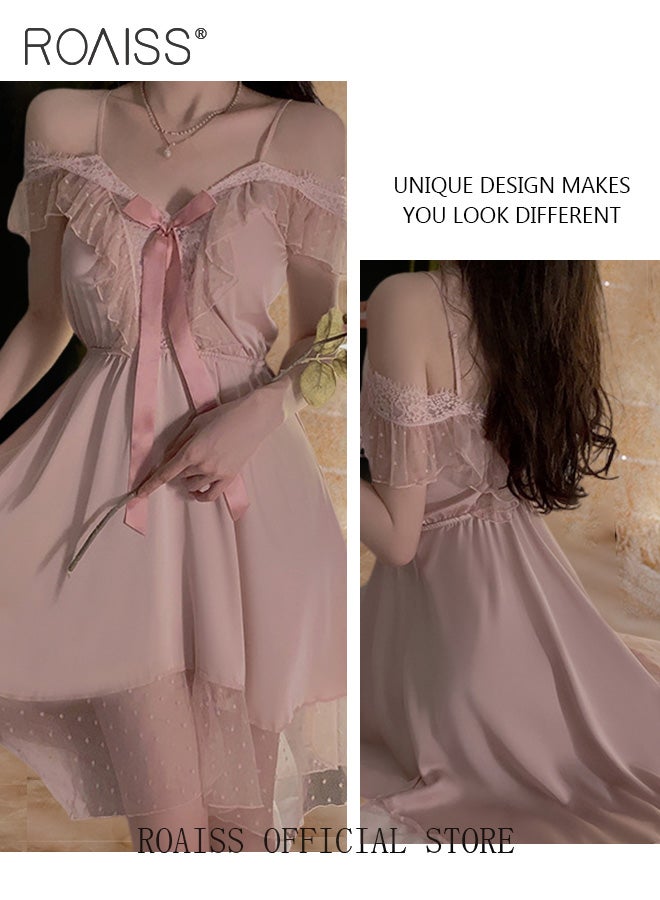 Ladies Pajamas Ladies V Neck Design Home Wear Lace Bow Elements with Hollow Design on The Back