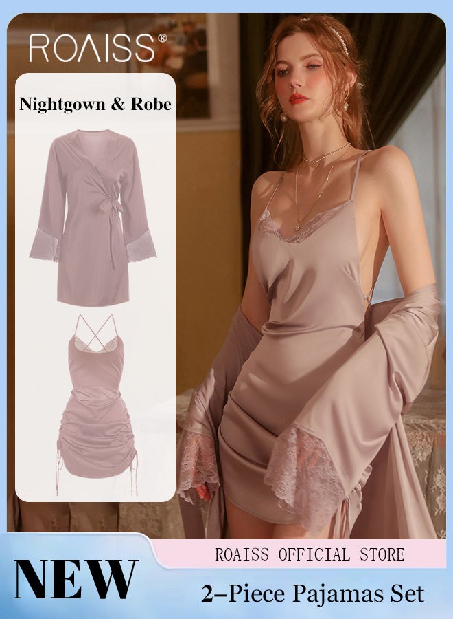 2-Piece Set of Women Pajamas with V-Neck Design Women Home Wear Set Same Color Outer Robe and Lace Element Nightgown