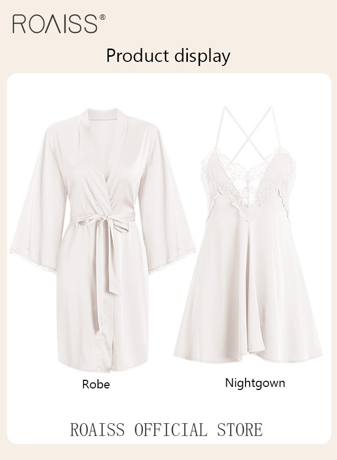 2-Piece Set of Women Pajamas with V-Neck Design Women Home Wear Set Same Color Outer Robe and Lace Element Nightgown