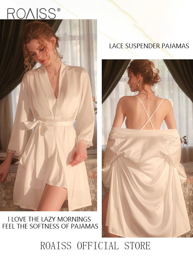 2-Piece Set of Women Pajamas with V-Neck Design Women Home Wear Set Same Color Outer Robe and Lace Element Nightgown