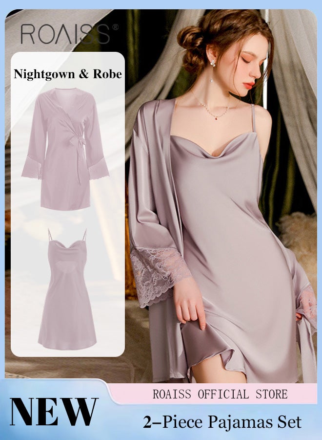 2-Piece Set of Women Pajamas with V-Neck Design Women Home Wear Set Same Color Outer Robe and Lace Element Nightgown