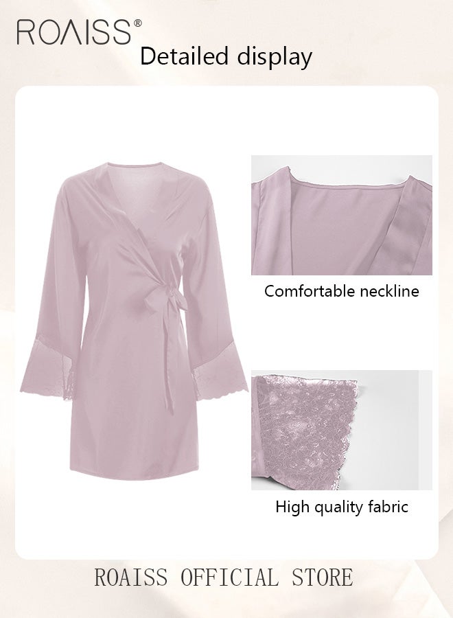 2-Piece Set of Women Pajamas with V-Neck Design Women Home Wear Set Same Color Outer Robe and Lace Element Nightgown