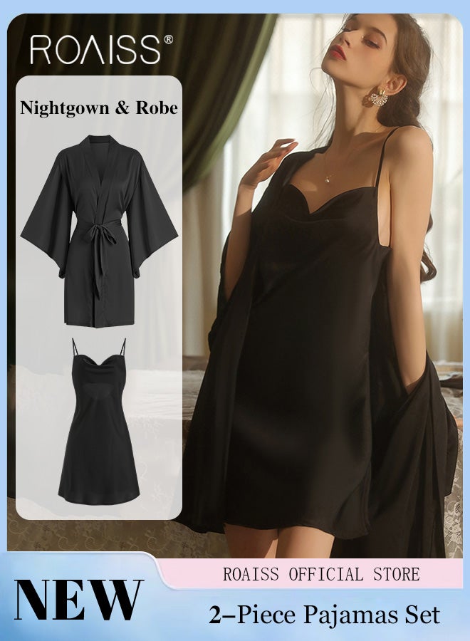 2-Piece Set of Women Pajamas with V-Neck Design Women Home Wear Set Same Color Outer Robe and Lace Element Nightgown