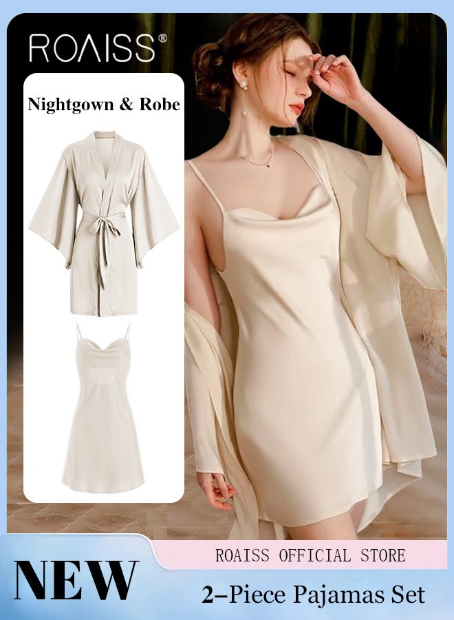 2-Piece Set of Women Pajamas with V-Neck Design Women Home Wear Set Same Color Outer Robe and Lace Element Nightgown