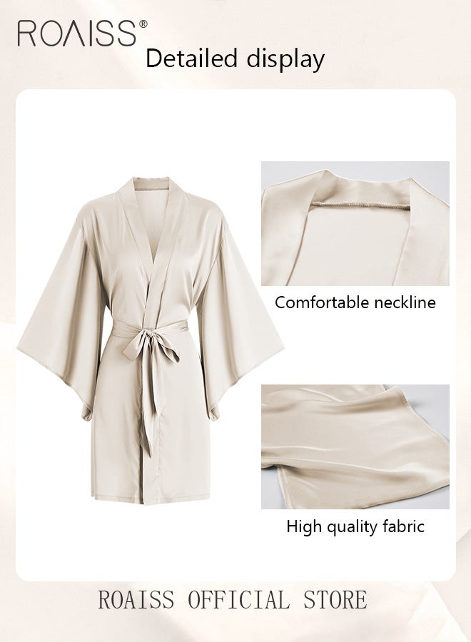 2-Piece Set of Women Pajamas with V-Neck Design Women Home Wear Set Same Color Outer Robe and Lace Element Nightgown