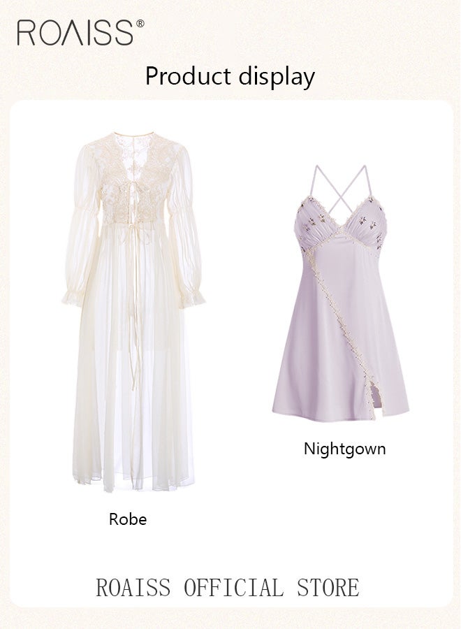 2-Piece Set of Women Pajamas with V-Neck Design Women Home Wear Set Same Color Outer Robe and Lace Element Nightgown