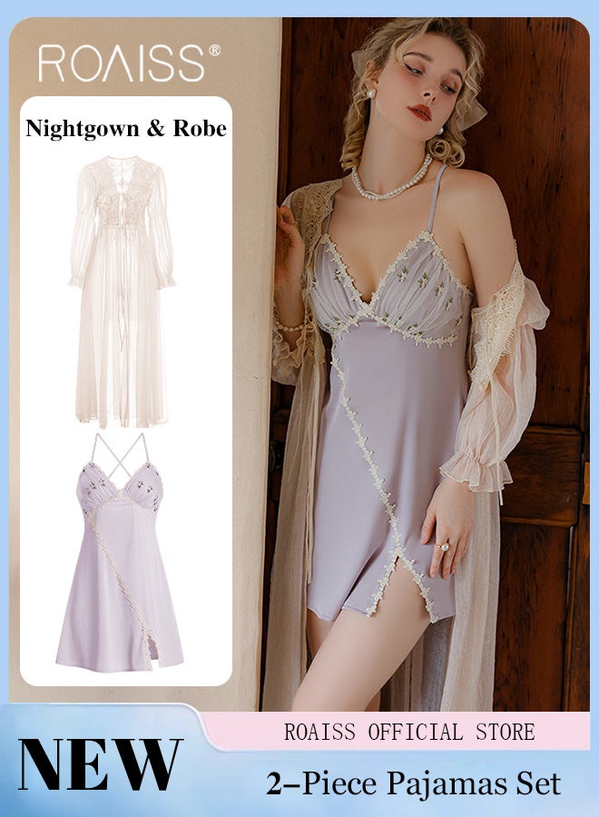 2-Piece Set of Women Pajamas with V-Neck Design Women Home Wear Set Same Color Outer Robe and Lace Element Nightgown