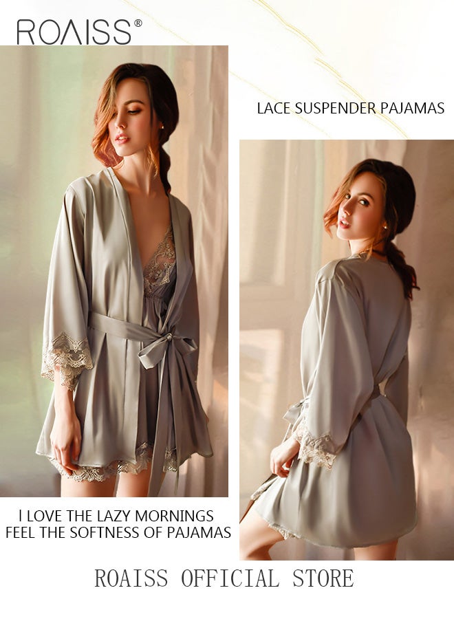 2-Piece Set of Women Pajamas with V-Neck Design Women Home Wear Set Same Color Outer Robe and Lace Element Nightgown