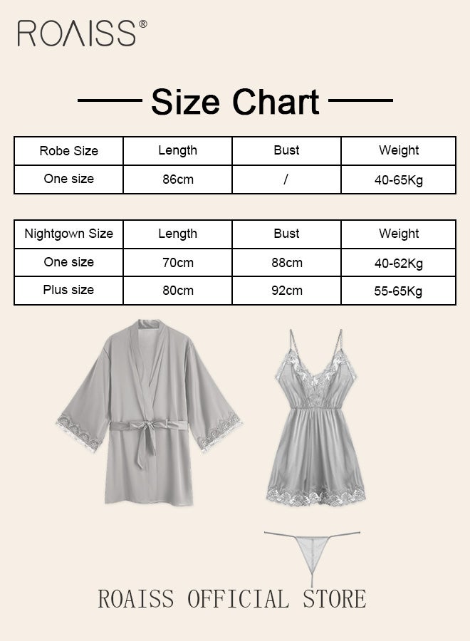 2-Piece Set of Women Pajamas with V-Neck Design Women Home Wear Set Same Color Outer Robe and Lace Element Nightgown