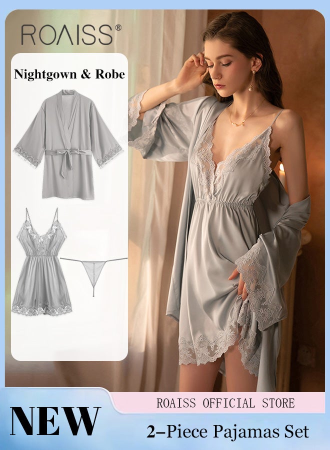 2-Piece Set of Women Pajamas with V-Neck Design Women Home Wear Set Same Color Outer Robe and Lace Element Nightgown