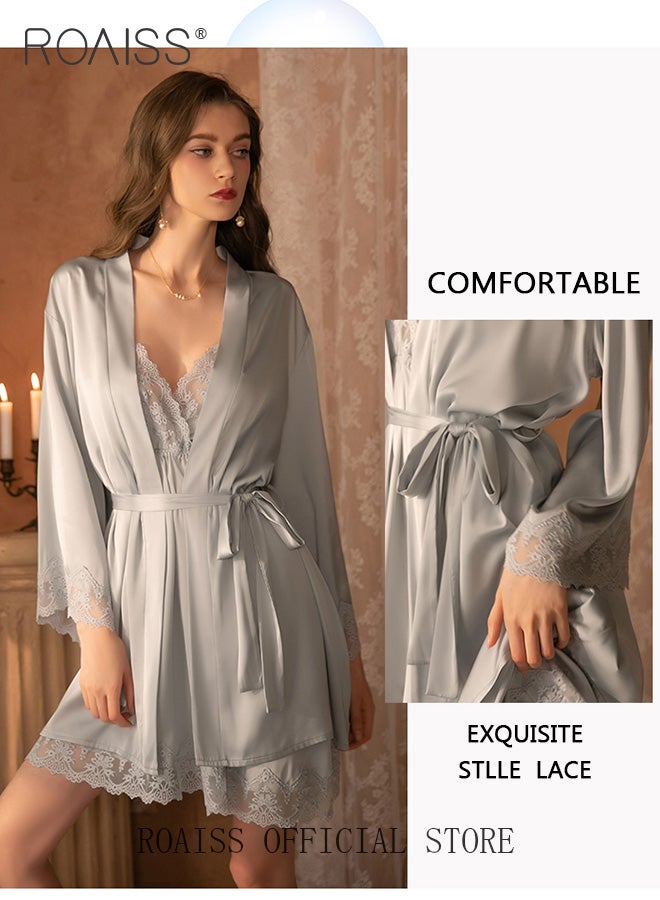 2-Piece Set of Women Pajamas with V-Neck Design Women Home Wear Set Same Color Outer Robe and Lace Element Nightgown