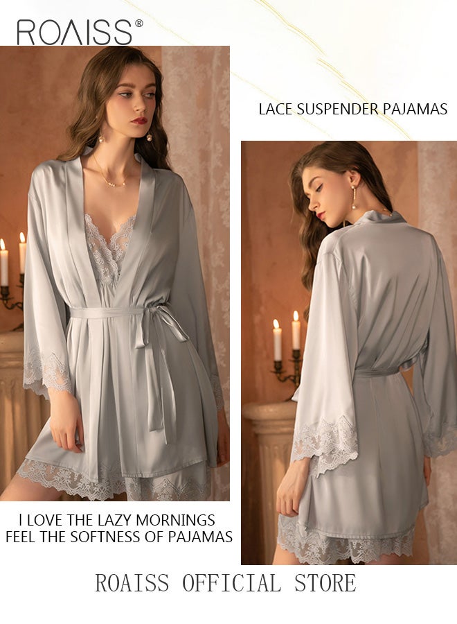 2-Piece Set of Women Pajamas with V-Neck Design Women Home Wear Set Same Color Outer Robe and Lace Element Nightgown