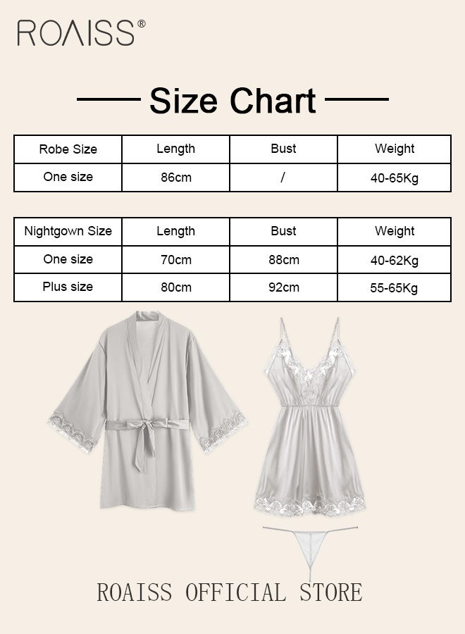 2-Piece Set of Women Pajamas with V-Neck Design Women Home Wear Set Same Color Outer Robe and Lace Element Nightgown