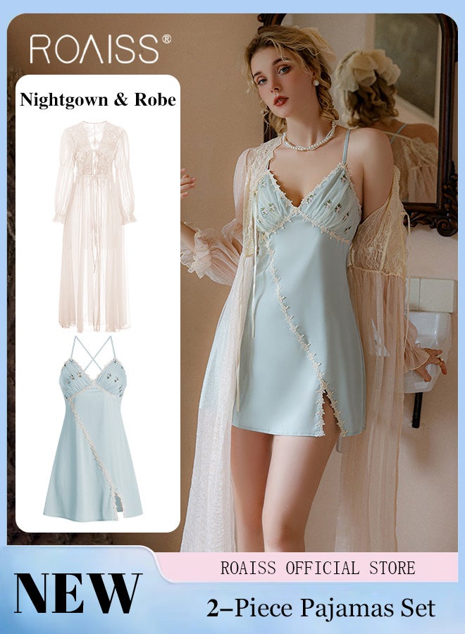 2-Piece Set of Women Pajamas with V-Neck Design Women Home Wear Set Same Color Outer Robe and Lace Element Nightgown