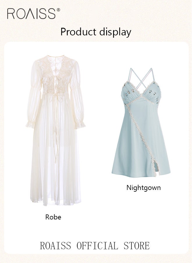 2-Piece Set of Women Pajamas with V-Neck Design Women Home Wear Set Same Color Outer Robe and Lace Element Nightgown